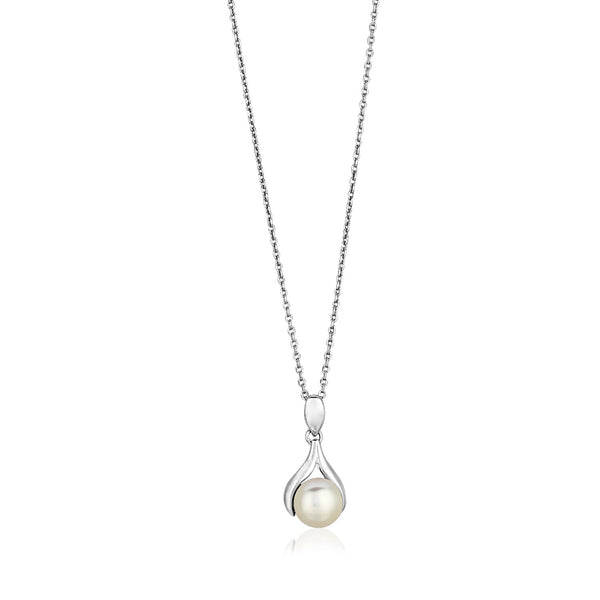 Sterling Silver Leaf Women's Motif Necklace with Freshwater Pearl