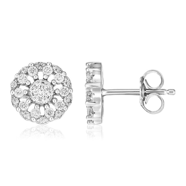 Sterling Silver Polished Halo Set Cubic Zirconia Women's Earrings