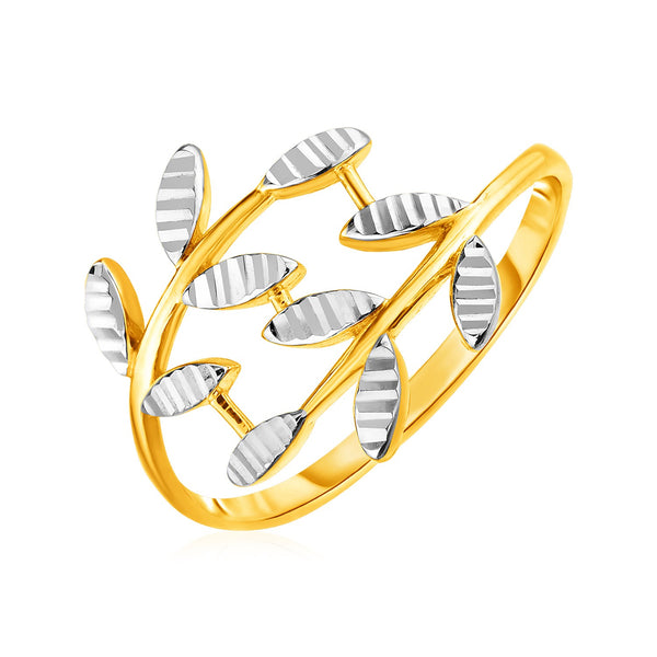 Gold 14k Two Tone Crossover Women's Ring with Textured Leaves